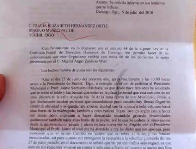 Ignoran ediles de Súchil oficio de la Comisión Estatal de Derechos Humanos